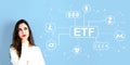 Cryptocurrency ETF theme with young woman