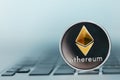 Cryptocurrency. Ethereum Coin On Computer Close Up