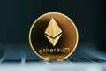 Cryptocurrency. Ethereum Coin On Computer Close Up