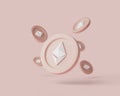 Cryptocurrency Ethereum coins levitate on pastel background. 3d render illustration with soft lights.