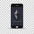 Cryptocurrency ethereum exchange application for mobile phone pasted on photo paper