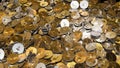 Cryptocurrency Ethereum golden coins spilling on the table