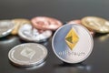 Cryptocurrency Ethereum metallic coins