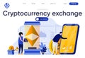 Cryptocurrency exchange flat landing page. Online digital money market, mobile solution for exchange and trading vector