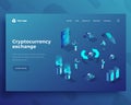 Cryptocurrency exchange isometric landing page template virtual space monetary transactions