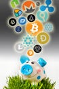 cryptocurrency - financial technology and internet money - piggy bank and coin signs