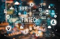 Cryptocurrency fintech theme with blurred city lights