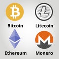 Cryptocurrency flat colorfull logo set - bitcoin, litecoin, ethereum, monero. Vector illustration.