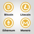 Cryptocurrency flat gold logo set - bitcoin, litecoin, ethereum, monero. Vector illustration.