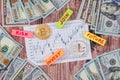 Cryptocurrency with forex graph and dollar close up
