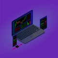 Cryptocurrency, forex, stock market exchange landing page template. Modern flat isometric design concept with laptop, smartphone