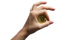 Cryptocurrency golden bitcoin coin. Isolated on white. Hand holding symbol of crypto currency - electronic virtual money Royalty Free Stock Photo