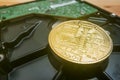 Cryptocurrency Golden Bitcoin on hard disk drive Royalty Free Stock Photo