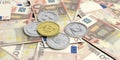 Cryptocurrency. Golden bitcoin and variety of silver virtual coins on 50 euros banknotes. 3d illustration