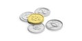 Cryptocurrency. Golden bitcoin and variety of silver virtual coins on white background. 3d illustration