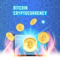 Cryptocurrency golden coin with lap top on random numbers background. Bitcoin symbol of electronic money in fire and light effects Royalty Free Stock Photo