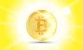 Cryptocurrency golden coin on white background. Bitcoin symbol of electronic money in fire and light effects. Flat vector Illustra Royalty Free Stock Photo