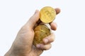 Cryptocurrency coins on a white background in a hand. Bitcoin Litecoin.