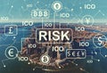 Cryptocurrency ICO risk theme with aerial view of NY skyline