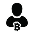 Cryptocurrency icon vector bitcoin blockchain with male person profile avatar for digital wallet in a glyph pictogram