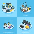 Cryptocurrency illustration. Electronic money, currency mining, ICO and blockchain computer network isometric vector