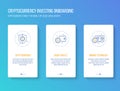 Cryptocurrency investing onboarding mobile app walkthrough screens modern, clean and simple concept. vector illustration template