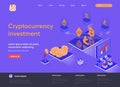 Cryptocurrency investment isometric landing page. Buy and trade bitcoin, litecoin and ethereum cryptocurrency isometry concept.