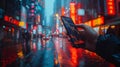 Cryptocurrency Investor Checking Market Trends in Neon-Lit City