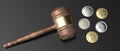 Cryptocurrency set of coins and judge gavel on black background. 3d illustration