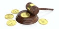 Cryptocurrency law. Gavel and variety of virtual coins on white background. 3d illustration
