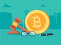 Cryptocurrency legislation flat isometric concept. Signed document with bitcoin and gavel on it.