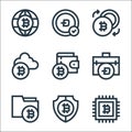 Cryptocurrency line icons. linear set. quality vector line set such as data encryption, bitcoin, bitcoin, briefcase, wallet,