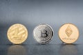 Cryptocurrency Lite coin,Silver Bitcoin,Ethereum on black background,Digital cryto currencies.Virtual money. Royalty Free Stock Photo