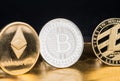 Cryptocurrency litecoin,Silver Bitcoin,Ethereum on golden rough