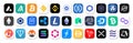 Cryptocurrency logo icon button set, vector editorial illustration