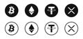 Cryptocurrency logo. A set of the best cryptocurrency token logos. Bitcoin, Ethereum, USDT, and XRP. Editorial vector