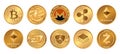 Cryptocurrency logo set - bitcoin, litecoin, ethereum, ethereum classic, monero, ripple, zcash dash stratis nem. Golden Royalty Free Stock Photo