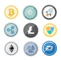 Cryptocurrency logo set - bitcoin, litecoin, ethereum, ripple, dash, nem