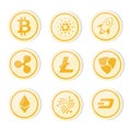 Cryptocurrency logo set gold coin version- bitcoin, litecoin, ethereum, ripple, dash, nem Royalty Free Stock Photo