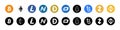 Cryptocurrency logos and symbols. Cryptocurrency token logo icon set. The most popular cryptocurrencies: Bitcoin, Ethereum,