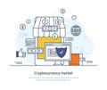 Cryptocurrency market, finance, digital money, blockchain technology web banner. Cryptocurrency mining, exchange, transaction Royalty Free Stock Photo