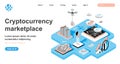 Cryptocurrency marketplace isometric concept. Woman sells or buys bitcoins, makes digital money, crypto business, line flat