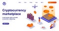 Cryptocurrency marketplace isometric landing page. Mining electronic money isometry concept. Virtual transaction, bitcoin tech 3d