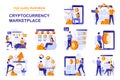 Cryptocurrency marketplace web concept with people scenes set in flat style. Bundle of analysing financial data, buying bitcoins,