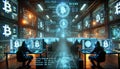Cryptocurrency miners operating in futuristic bitcoin mining farm