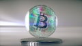 Cryptocurrency mining concept. Diamond bitcoin on a metal platform. White blue color. Coin. 3d Illustration