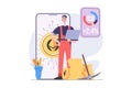 Cryptocurrency mining concept in modern flat design for web. Man miner with pick gets different crypto money at digital