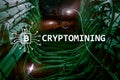 Cryptocurrency mining concept on server room background Royalty Free Stock Photo