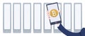 Cryptocurrency mining farm and smartphone in hand. Mobile bitcoin wallet app. Vector illustration in flat style.