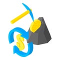 Cryptocurrency mining icon isometric vector. Pickaxe mines coin in the mountain